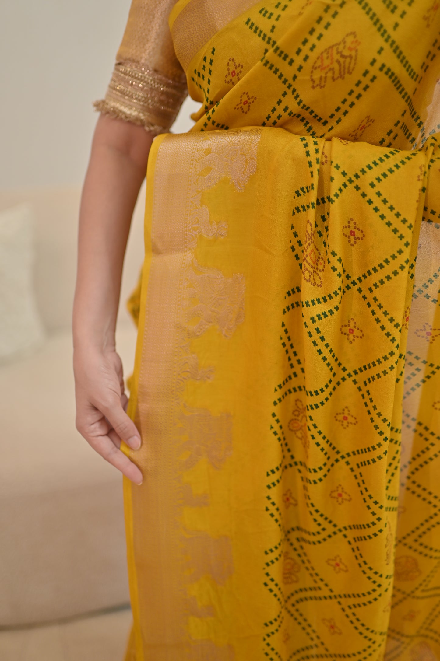 Beautiful Yellow Color Bandhini Mosmelo Saree with Designer Border