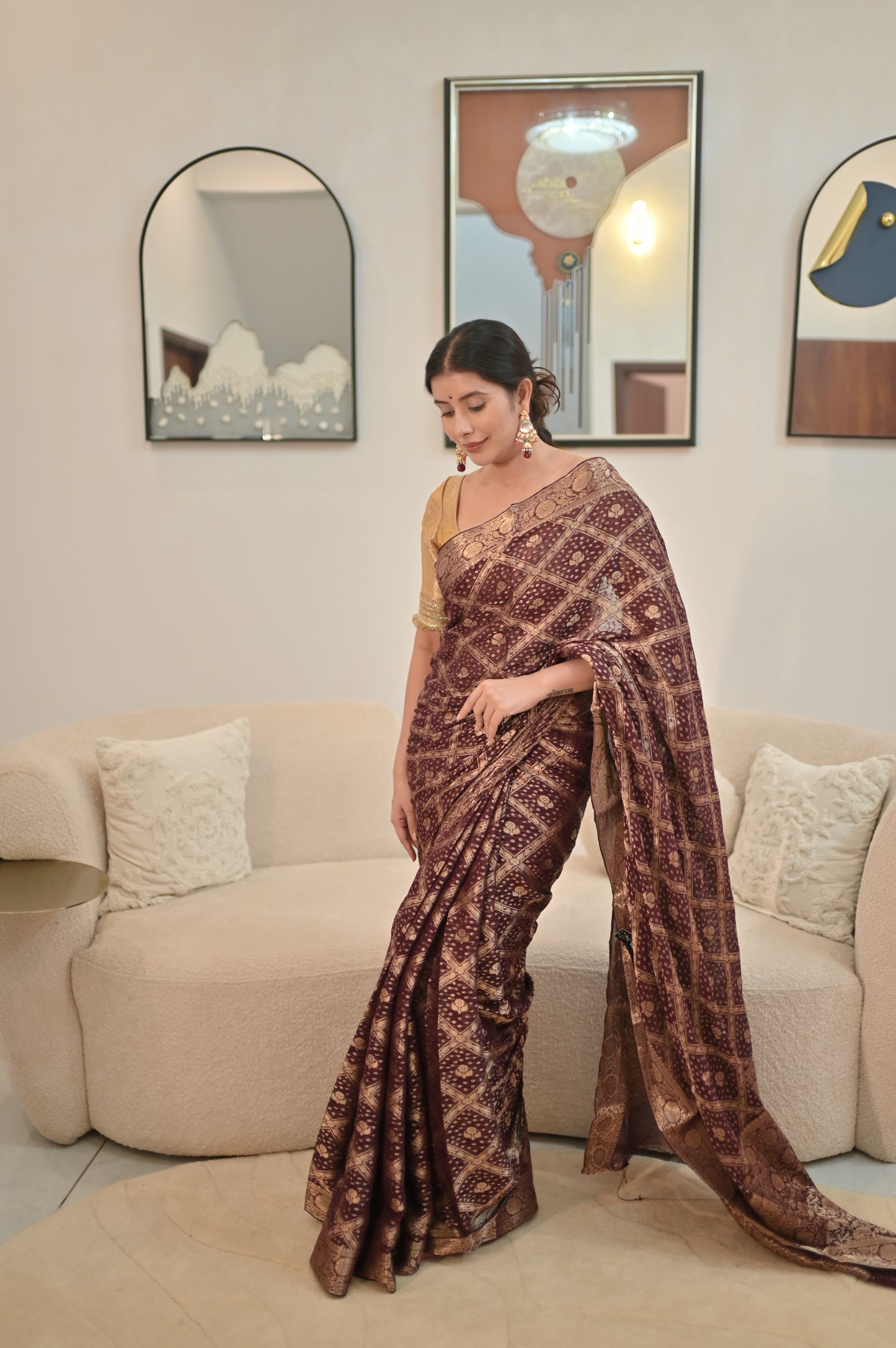 Beautiful Soft Tissue Wine Color Banarasi Saree with Soft Chiffon Banarasi Border Blouse Piece.