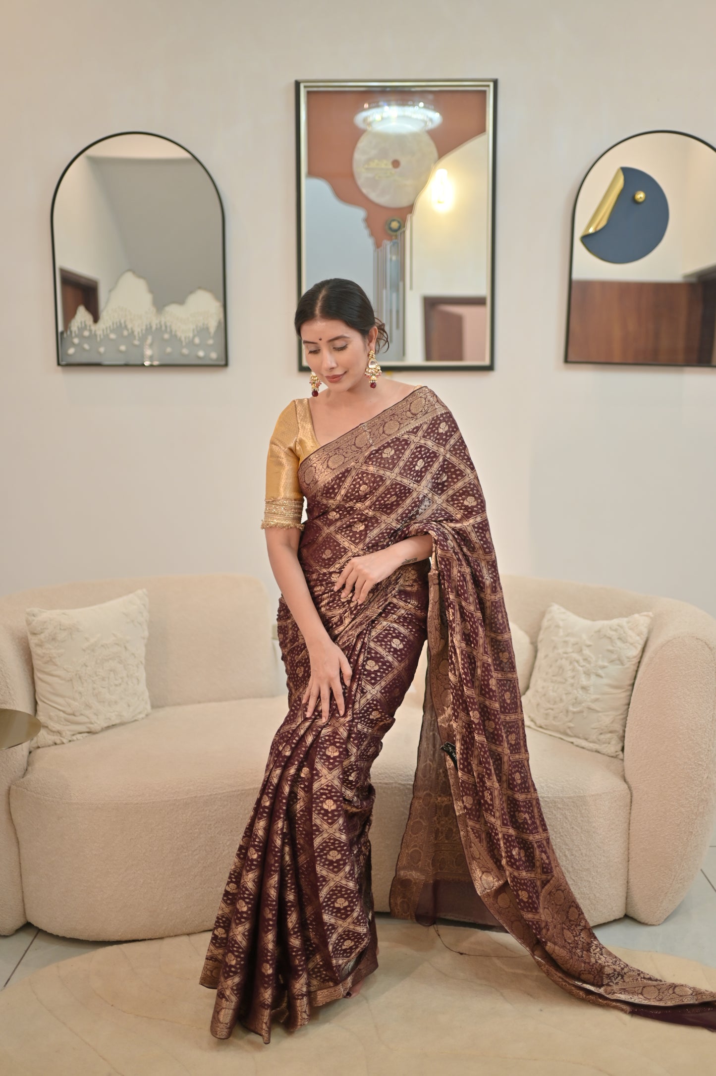 Beautiful Soft Tissue Wine Color Banarasi Saree with Soft Chiffon Banarasi Border Blouse Piece.