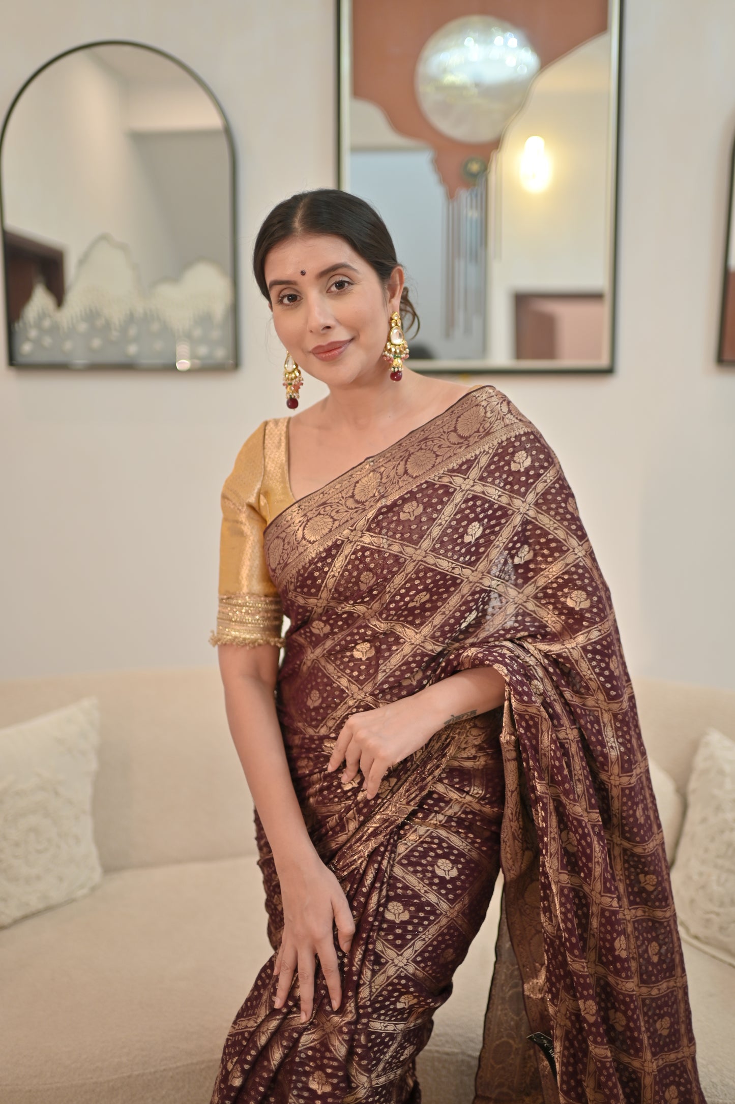 Beautiful Soft Tissue Wine Color Banarasi Saree with Soft Chiffon Banarasi Border Blouse Piece.
