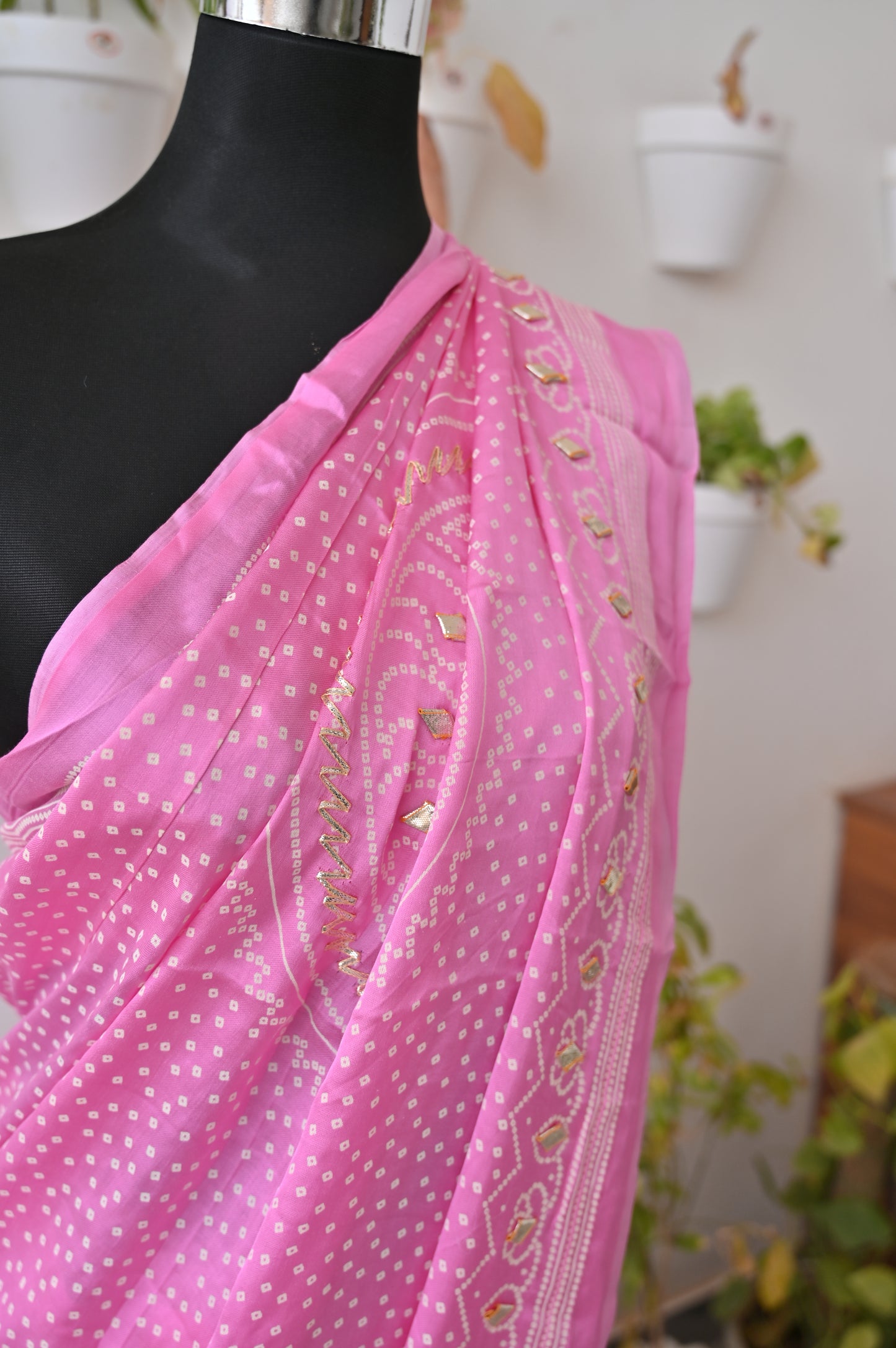 Beautiful Baby Pink Gazi Silk Bandhini and Gota Work Saree