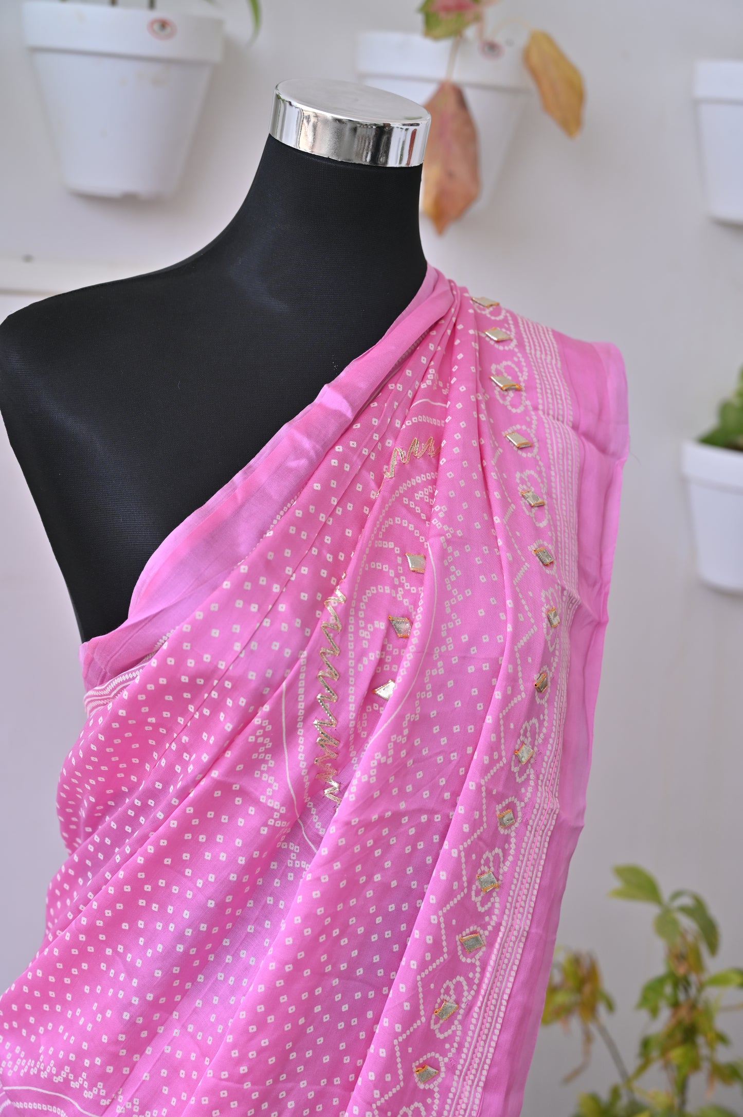 Beautiful Baby Pink Gazi Silk Bandhini and Gota Work Saree