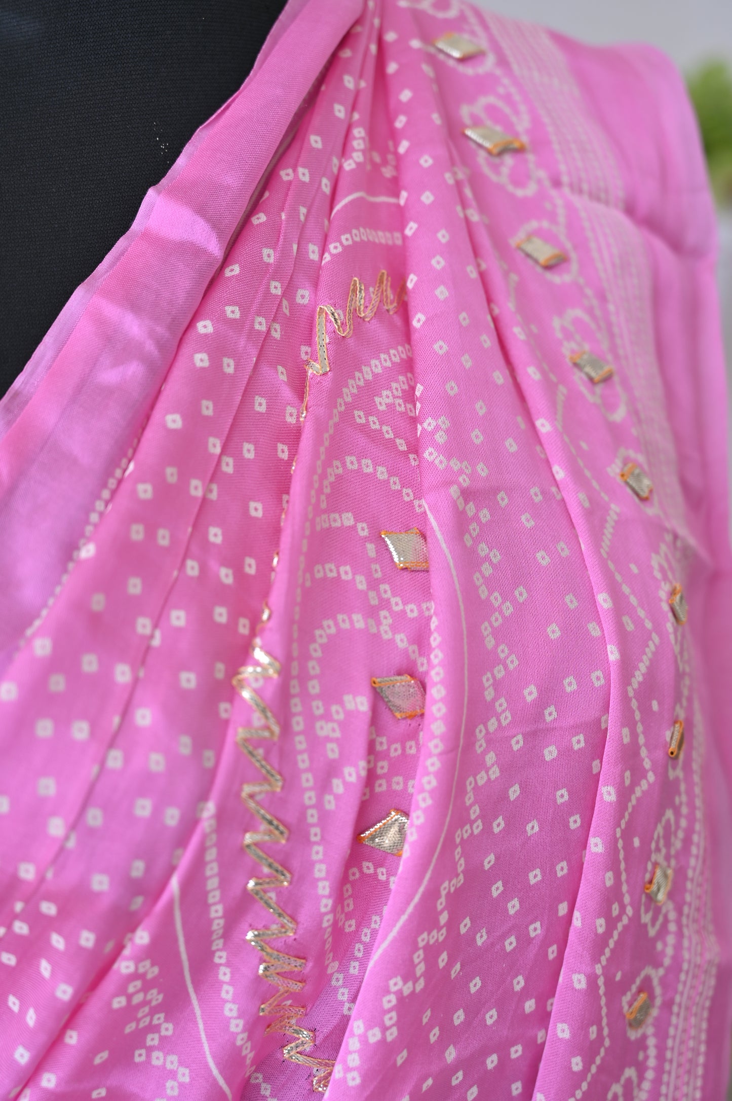 Beautiful Baby Pink Gazi Silk Bandhini and Gota Work Saree