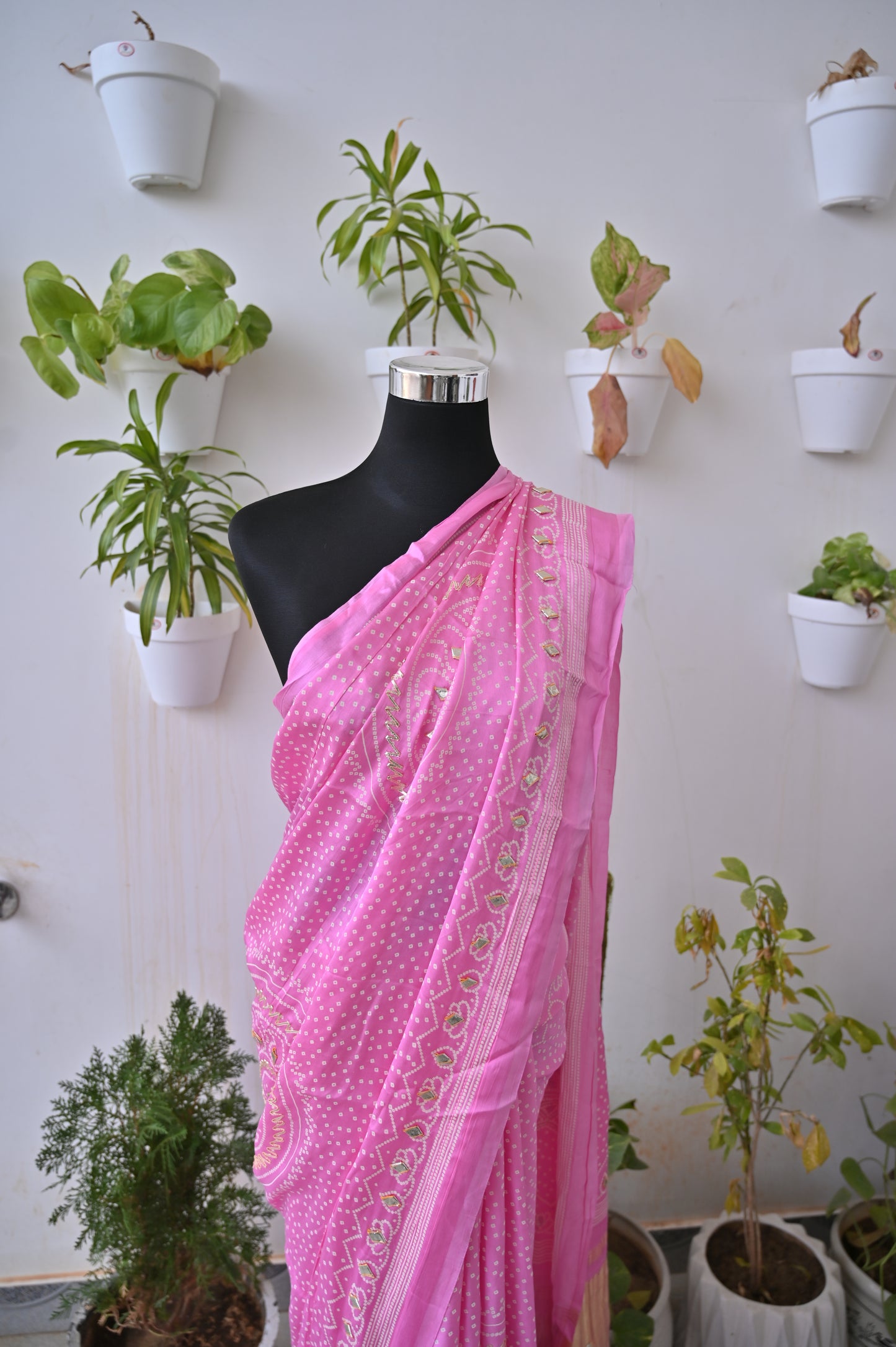 Beautiful Baby Pink Gazi Silk Bandhini and Gota Work Saree