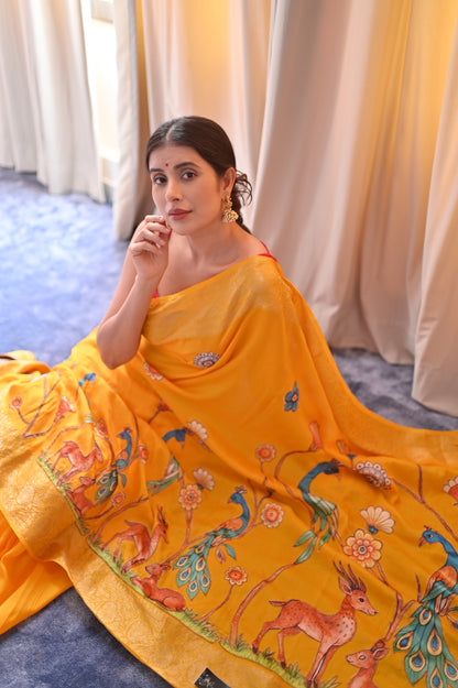Beautiful Musturd Yellow Color Peacock Design Saree with Blouse Piece