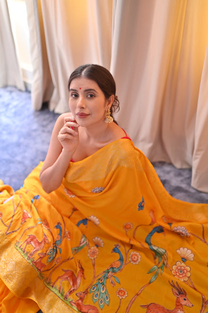 Beautiful Musturd Yellow Color Peacock Design Saree with Blouse Piece