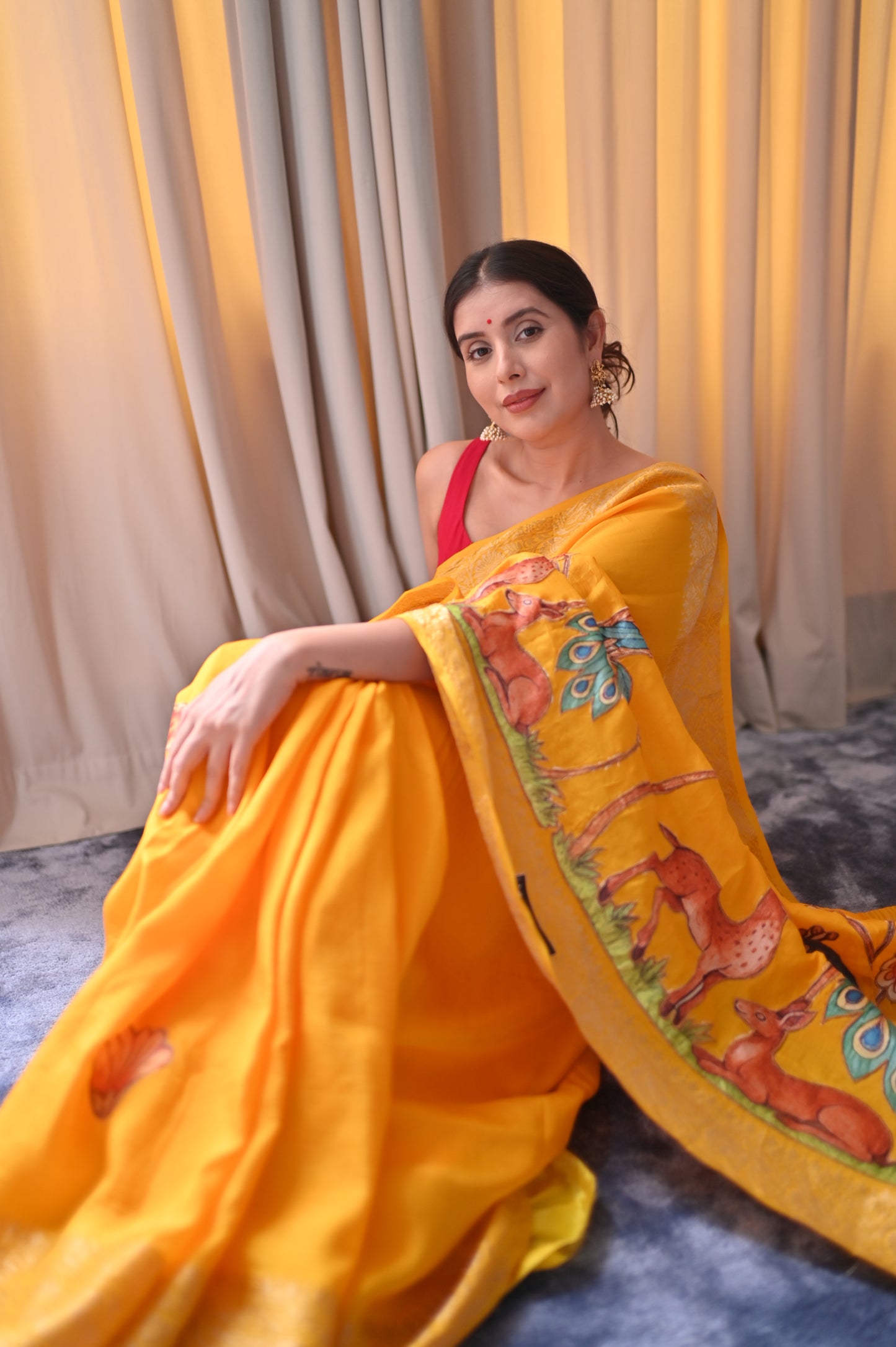 Beautiful Musturd Yellow Color Peacock Design Saree with Blouse Piece