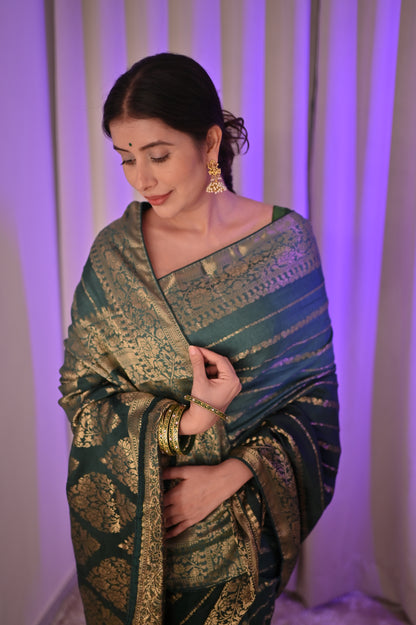 Beautiful Shaded Green Russian Silk Saree