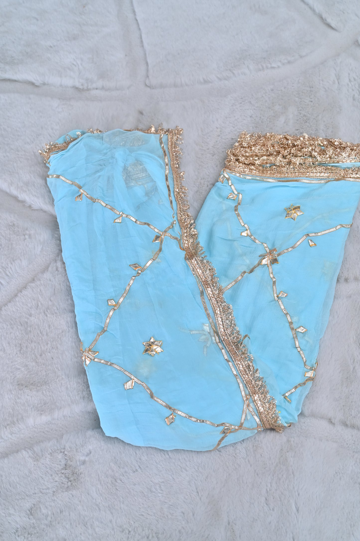 Beautiful Sky Blue Soft Chiffon Gota Work Saree