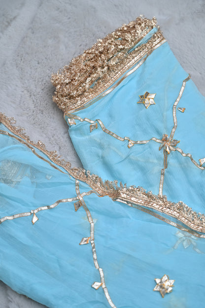 Beautiful Sky Blue Soft Chiffon Gota Work Saree