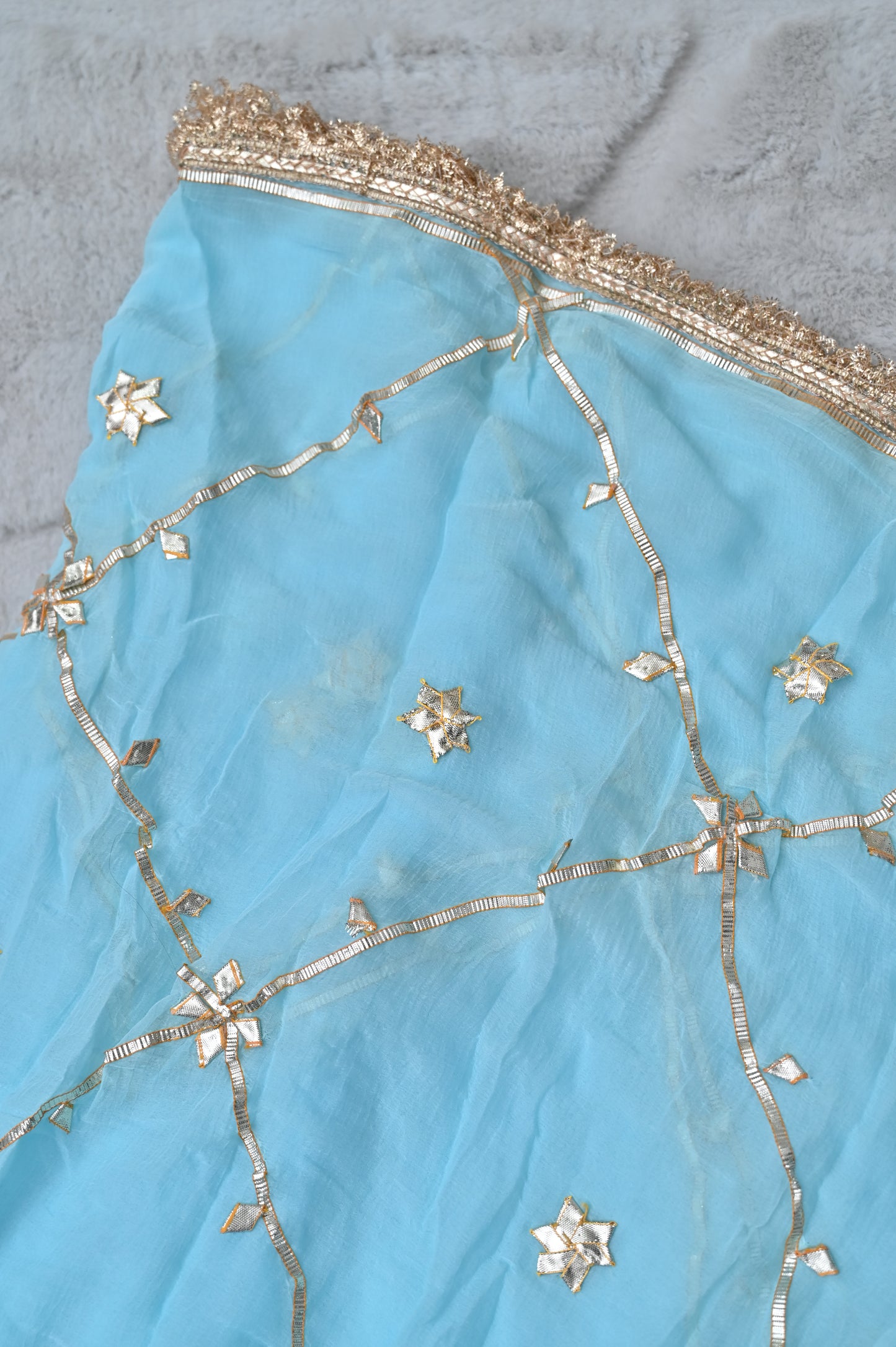 Beautiful Sky Blue Soft Chiffon Gota Work Saree