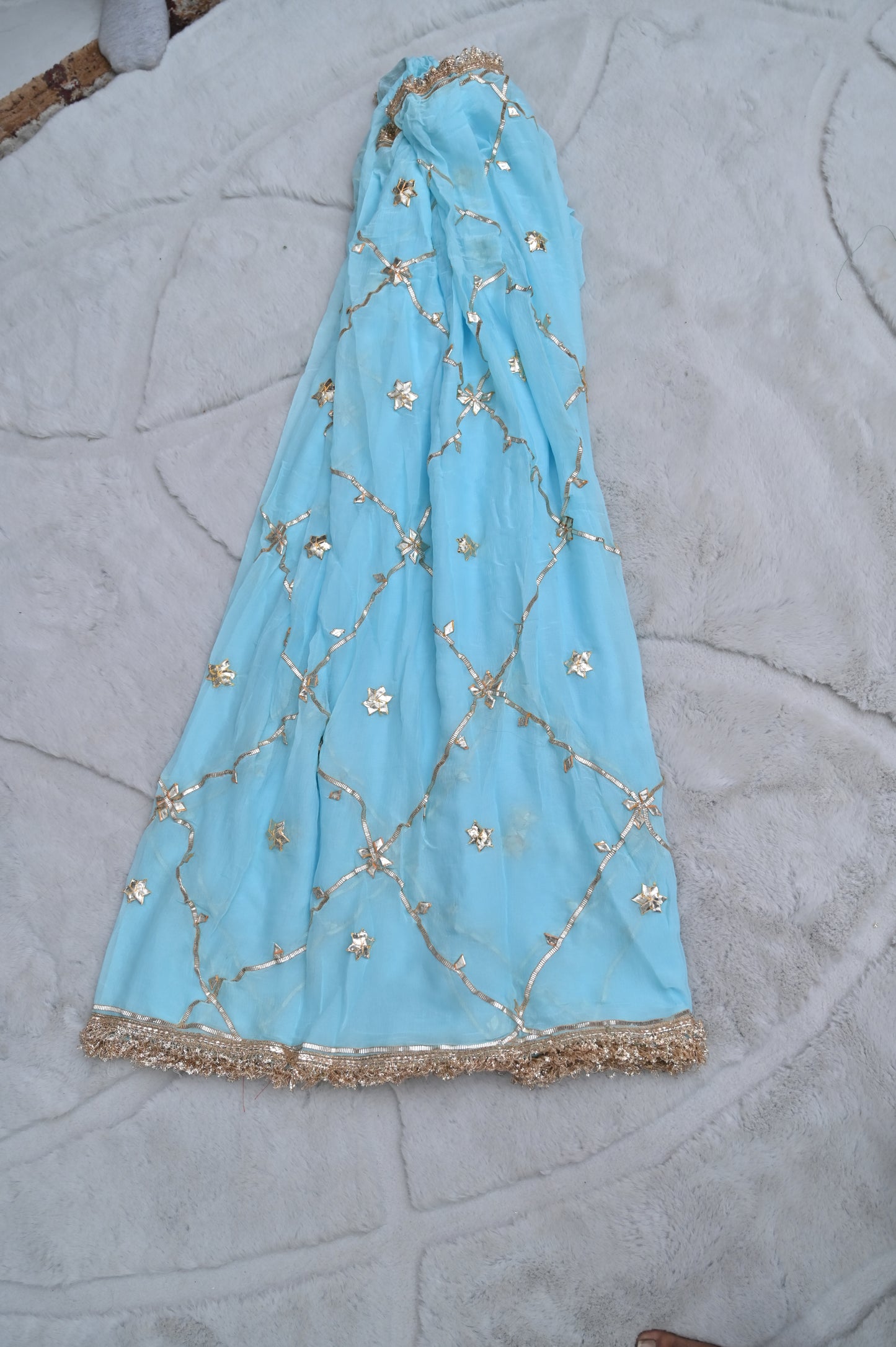 Beautiful Sky Blue Soft Chiffon Gota Work Saree