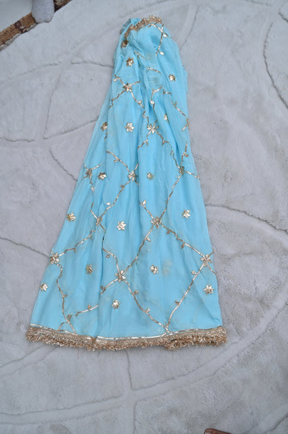 Beautiful Sky Blue Soft Chiffon Gota Work Saree