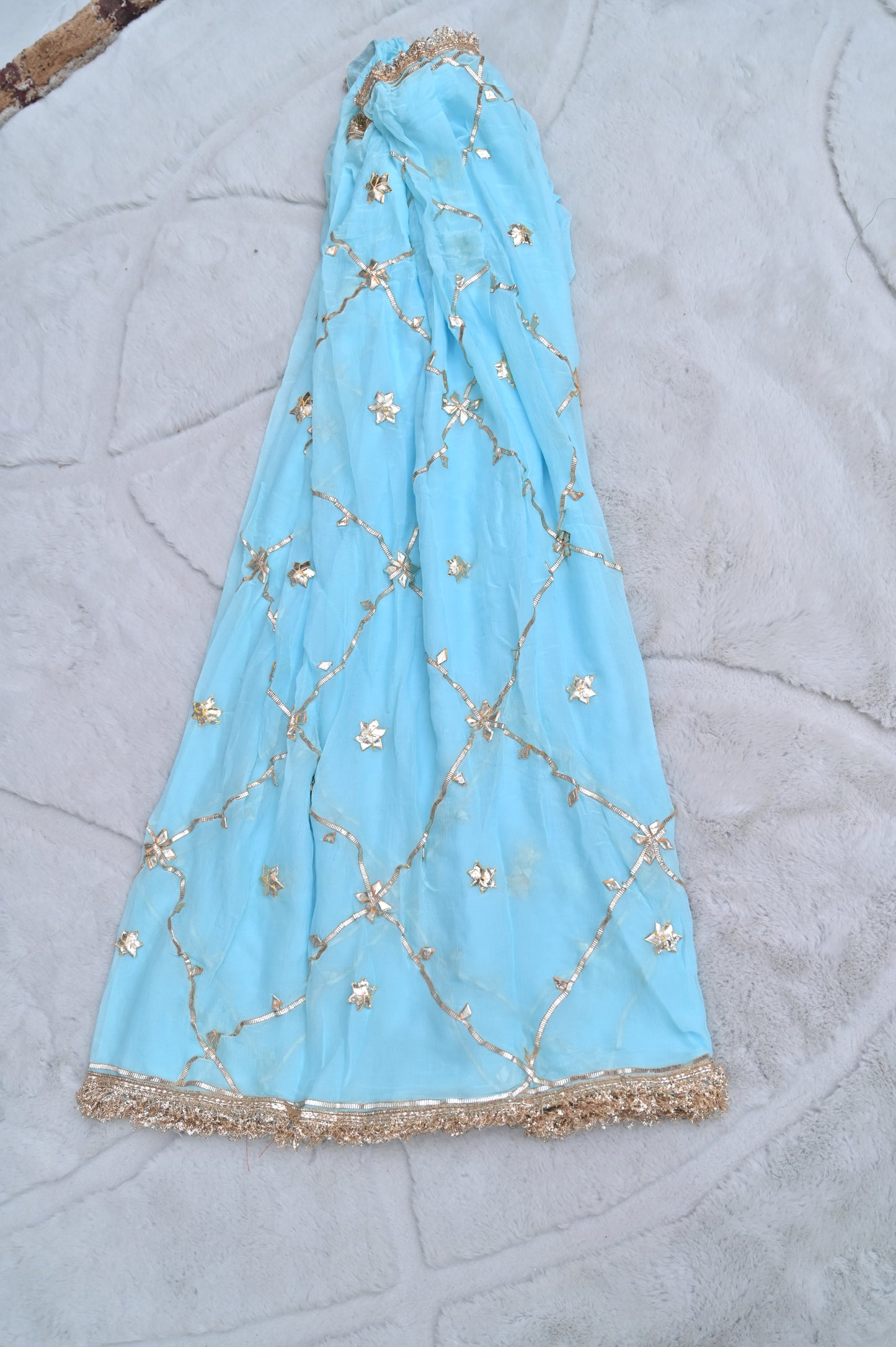 Beautiful Sky Blue Soft Chiffon Gota Work Saree