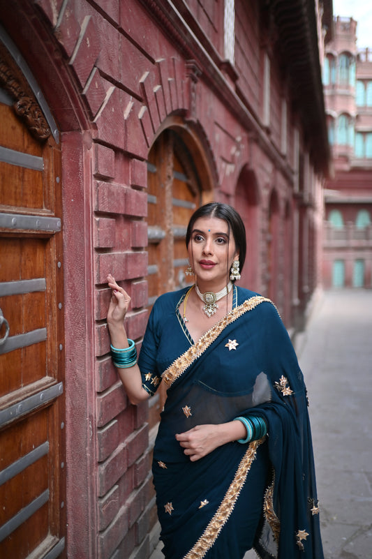 Navy Blue Pure Chiffon Saree with Beautiful Rajasthani Border and Pure Crêpe Blouse Piece
