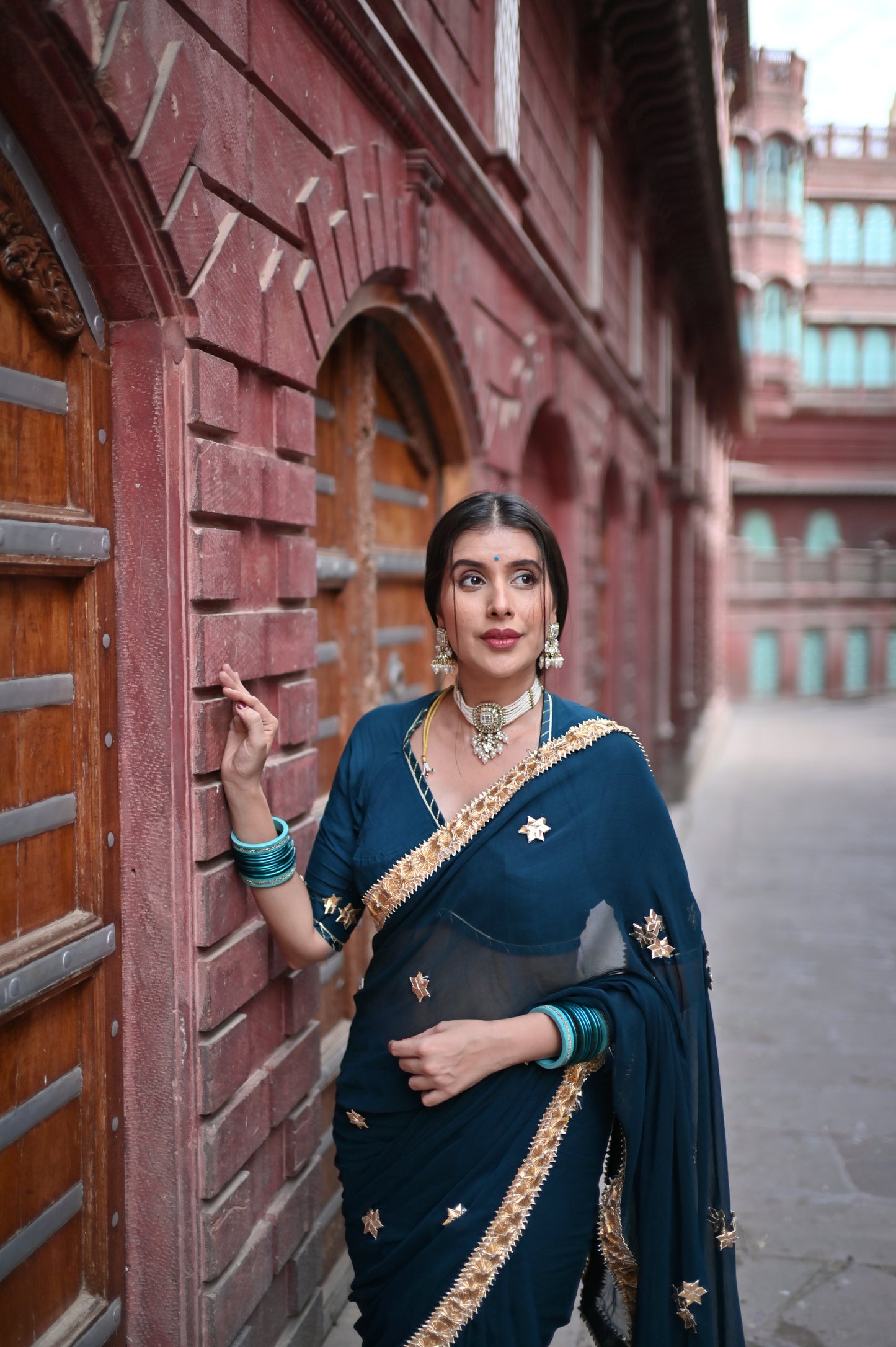 Navy Blue Pure Chiffon Saree with Beautiful Rajasthani Border and Pure Crêpe Blouse Piece