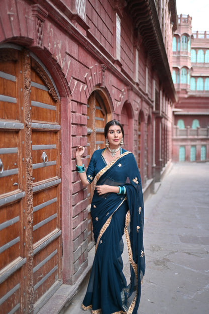 Navy Blue Pure Chiffon Saree with Beautiful Rajasthani Border and Pure Crêpe Blouse Piece