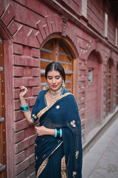 Navy Blue Pure Chiffon Saree with Beautiful Rajasthani Border and Pure Crêpe Blouse Piece
