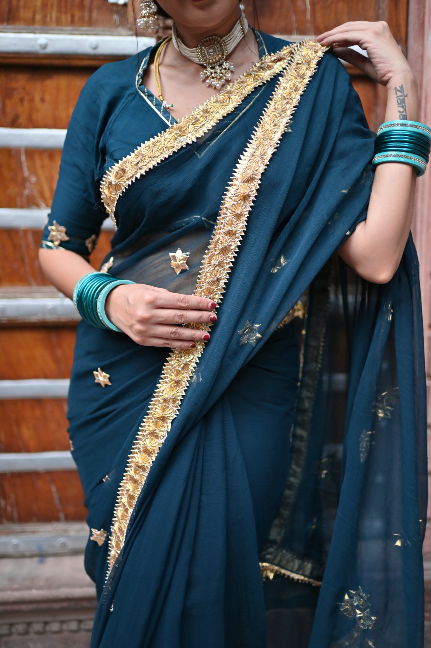 Navy Blue Pure Chiffon Saree with Beautiful Rajasthani Border and Pure Crêpe Blouse Piece
