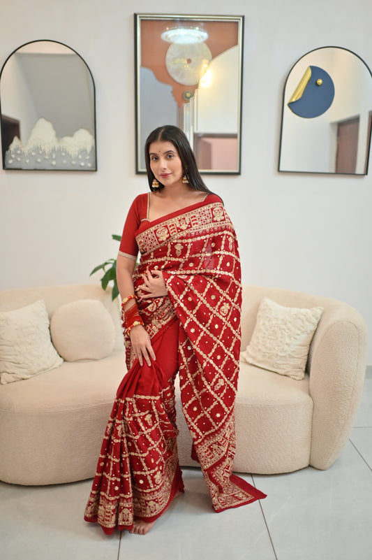 Beautiful Blood Red Modal Silk Saree with Heavy Zardozi Work and Blouse Piece. (Karwa Chauth Special)
