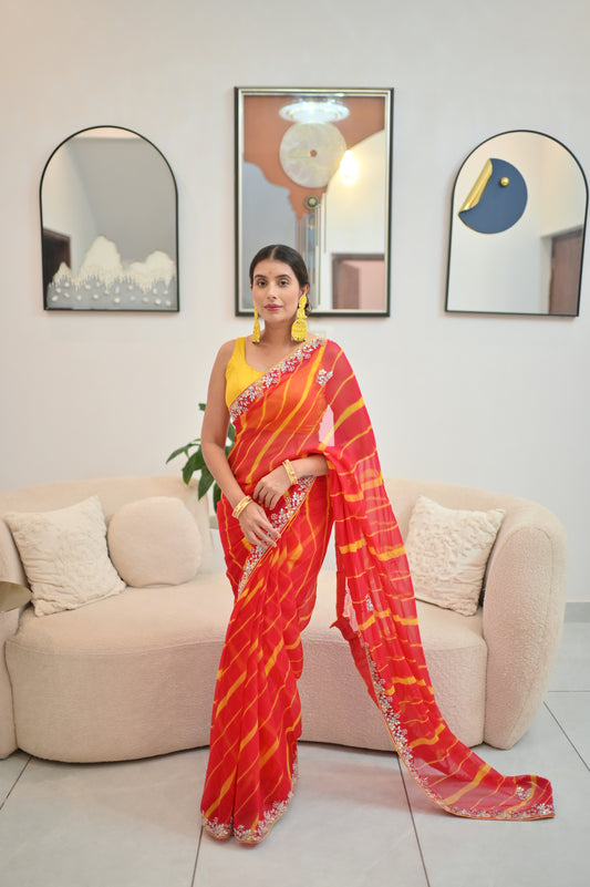 Pure Chiffon Lahariya Saree with Lovely Gota Hand Work on the Border and Booties in between the Saree and same work Contrast Blouse Piece