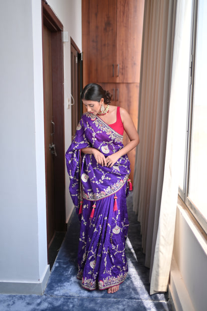 Heavy work Purple Silk Saree with Beautiful Tussles at the Pallu and Heavy Pink Contrast Blouse. You can call it Madhuri Dixit inspired “Hum Aapke hain Koun Saree “