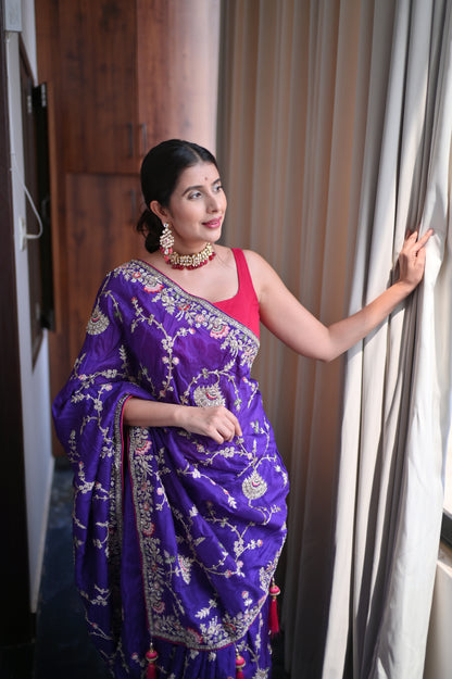 Heavy work Purple Silk Saree with Beautiful Tussles at the Pallu and Heavy Pink Contrast Blouse. You can call it Madhuri Dixit inspired “Hum Aapke hain Koun Saree “