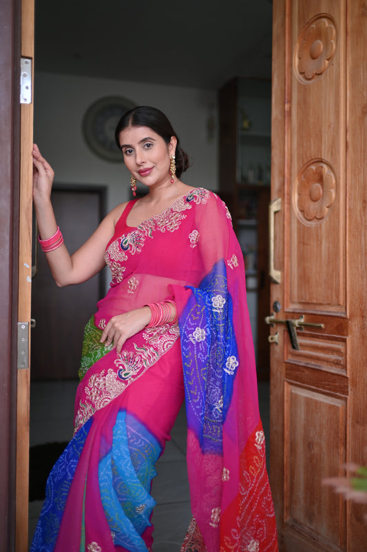 Beautiful Rajasthani Traditional Bandhini Pachrangi Saree with Blouse Piece