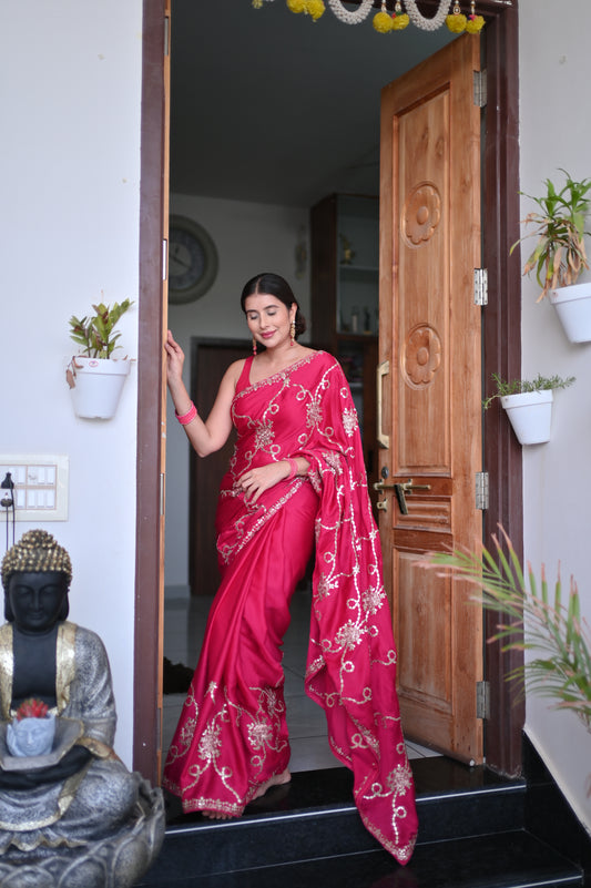 Beautiful Red Color Designer Zaal Work Saree