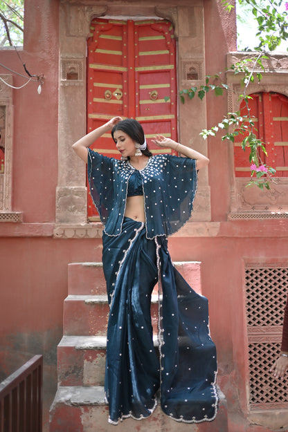 Dark Peacock Blue Beautiful Organza Silk Saree with Designer Cutwork on the Border