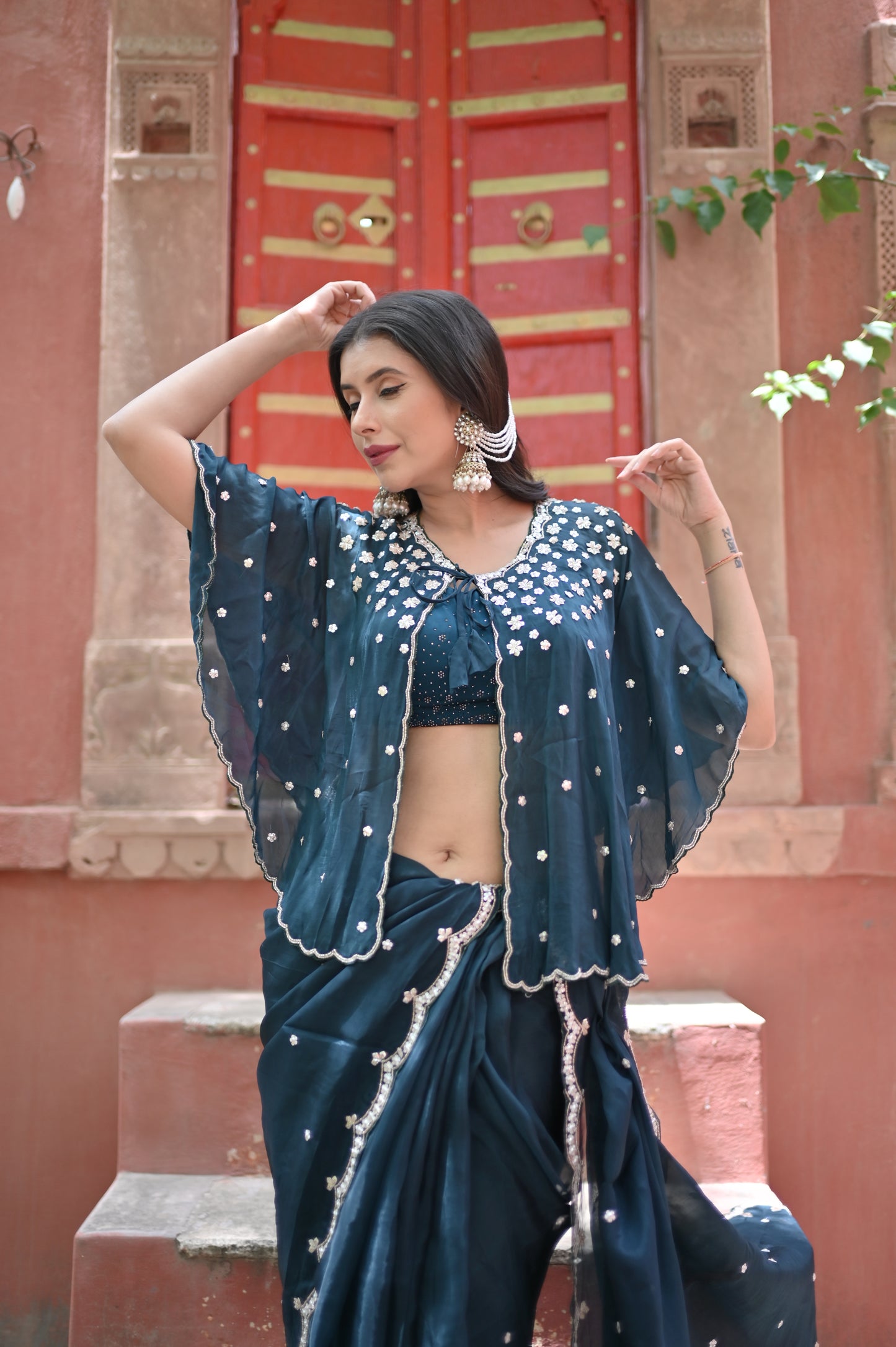 Dark Peacock Blue Beautiful Organza Silk Saree with Designer Cutwork on the Border