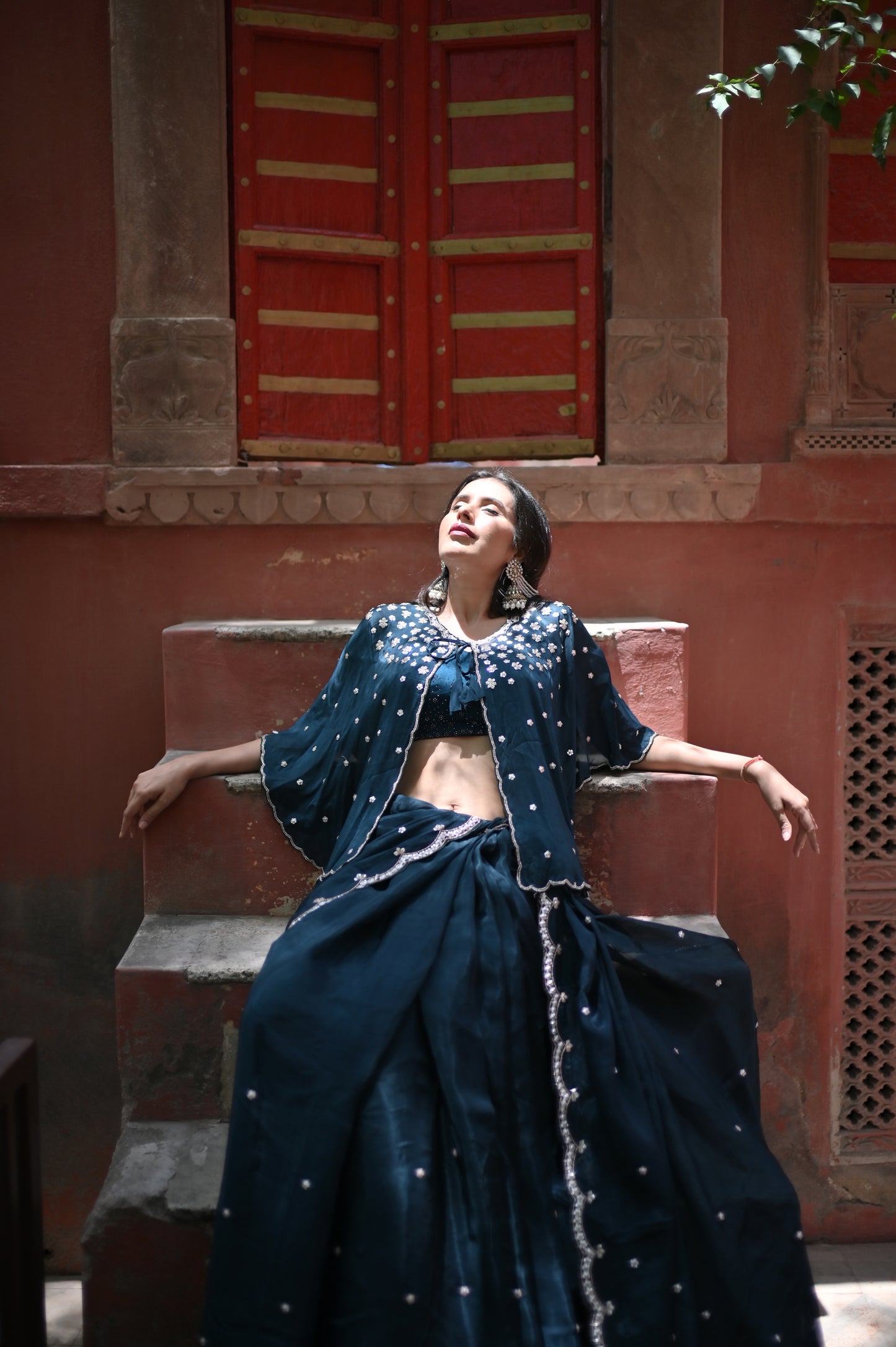 Dark Peacock Blue Beautiful Organza Silk Saree with Designer Cutwork on the Border