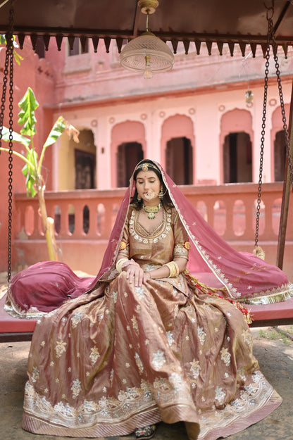 Golden brown Designer Poshak with Baareek Kadhayi (Stitched)
