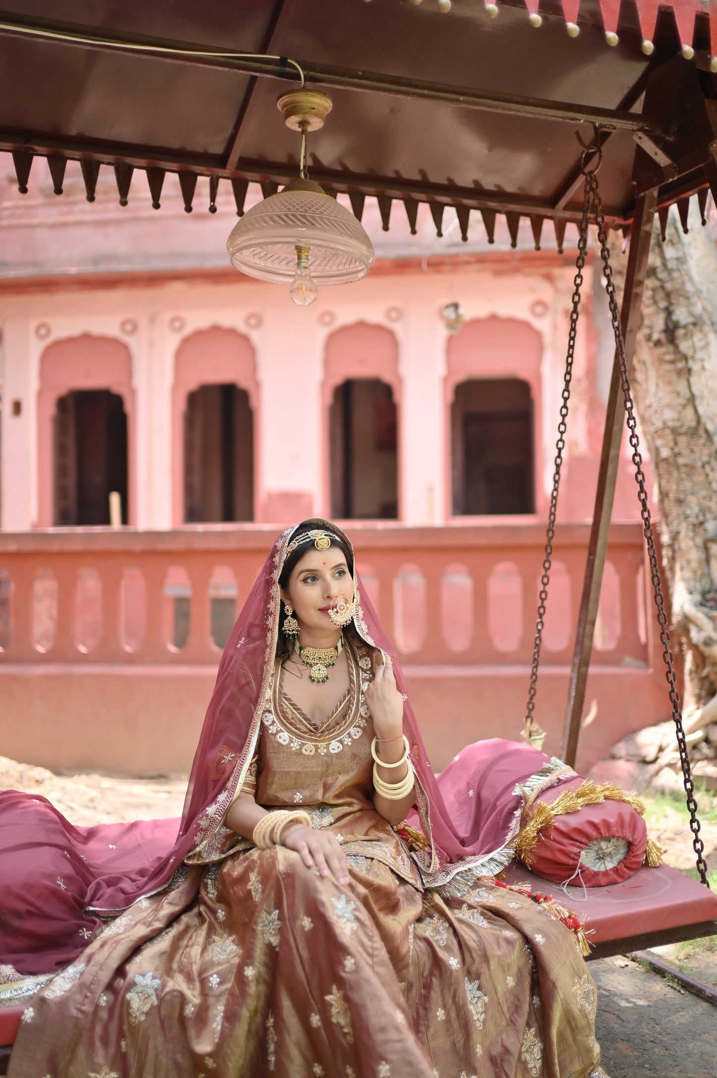 Golden brown Designer Poshak with Baareek Kadhayi (Stitched)
