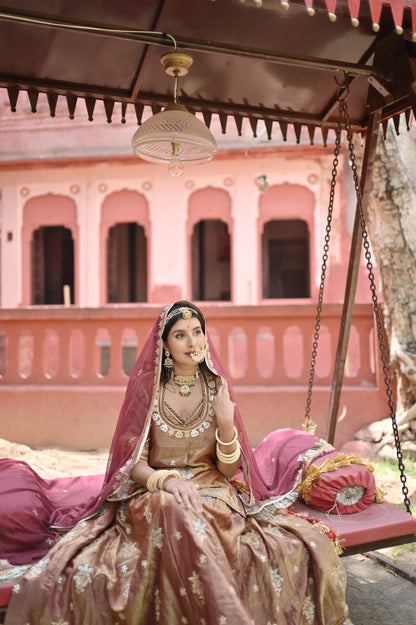 Golden brown Designer Poshak with Baareek Kadhayi (Stitched)