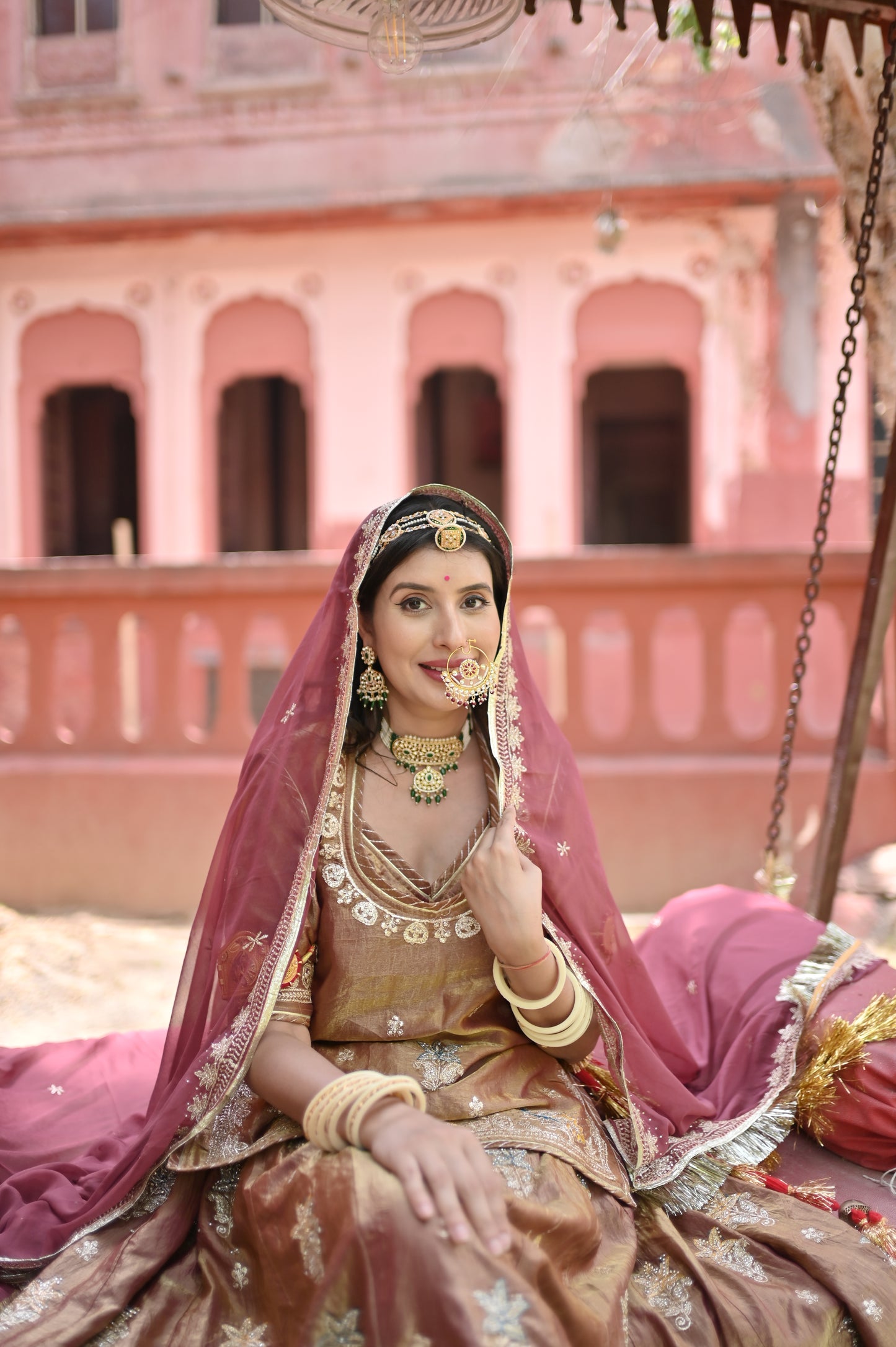Golden brown Designer Poshak with Baareek Kadhayi (Stitched)