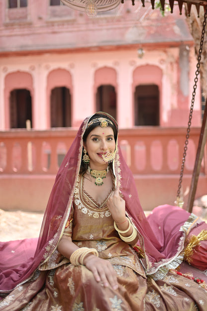 Golden brown Designer Poshak with Baareek Kadhayi (Stitched)