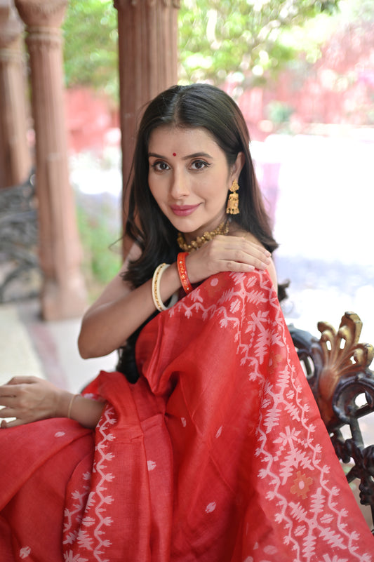 Red Pure Tussur Silk Saree