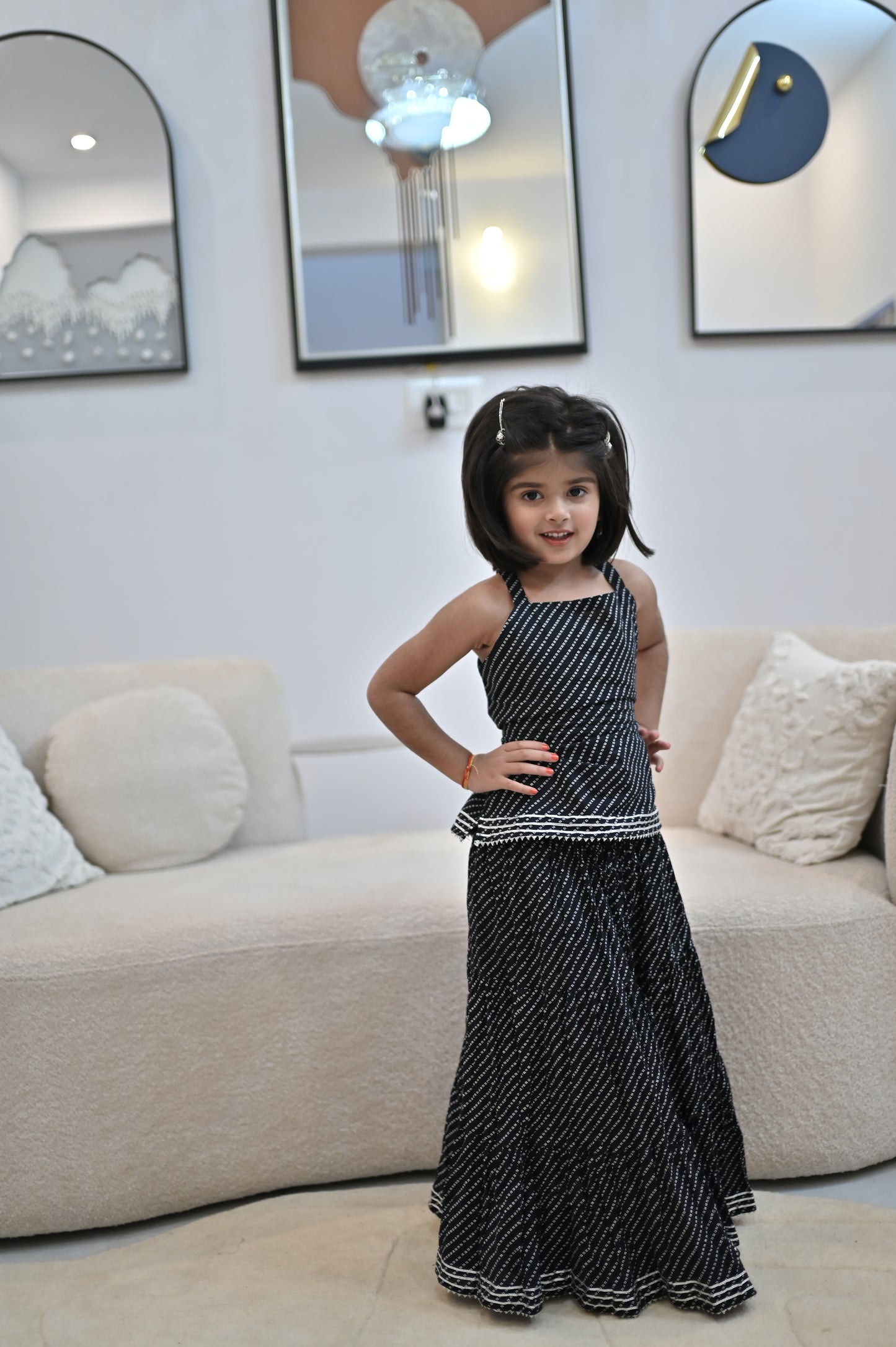 Beautiful Black Color Bandhini Lahariya Kurti and Long Skirt (Size- 24, 5 Year Kid)