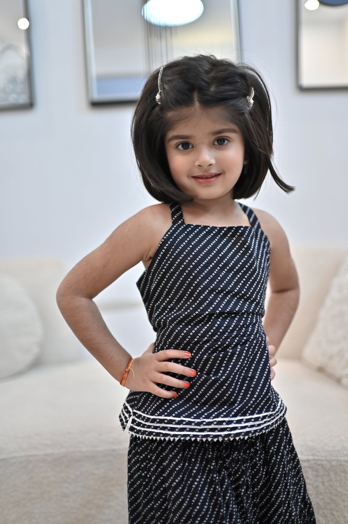 Beautiful Black Color Bandhini Lahariya Kurti and Long Skirt (Size- 24, 5 Year Kid)