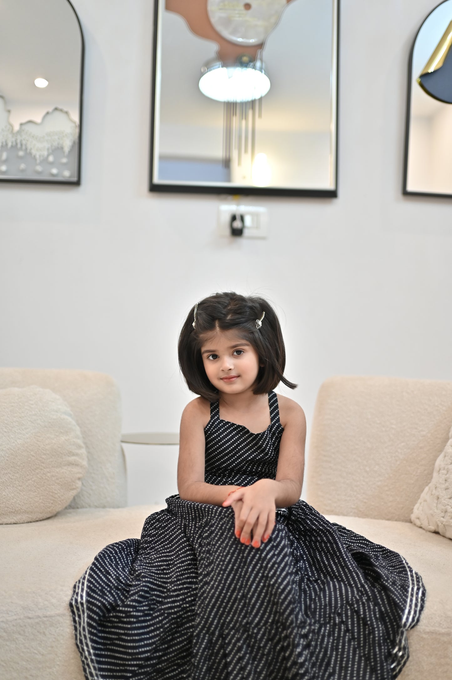Beautiful Black Color Bandhini Lahariya Kurti and Long Skirt (Size- 24, 5 Year Kid)