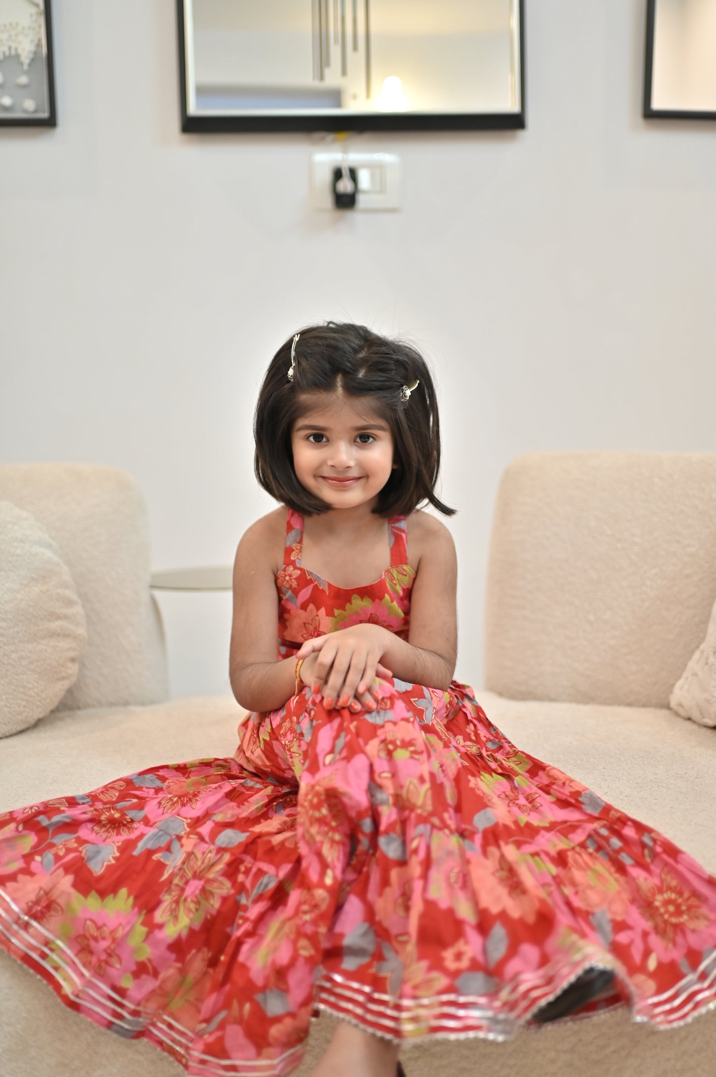 Beautiful Red Color Flower Printed Kurti and Long Skirt (24, 5 Year Kid)