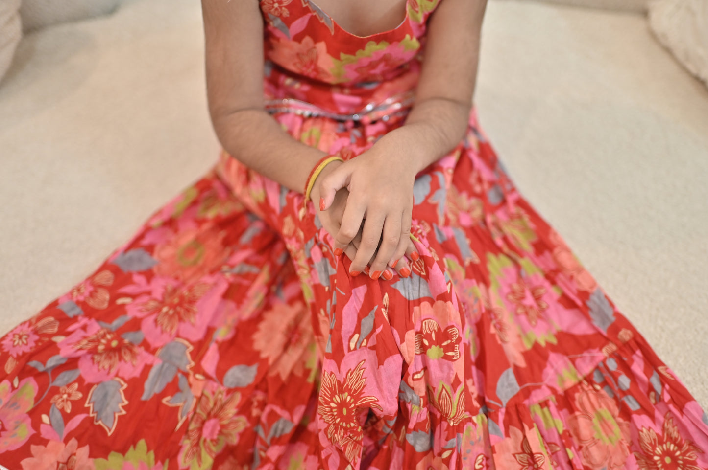 Beautiful Red Color Flower Printed Kurti and Long Skirt (24, 5 Year Kid)