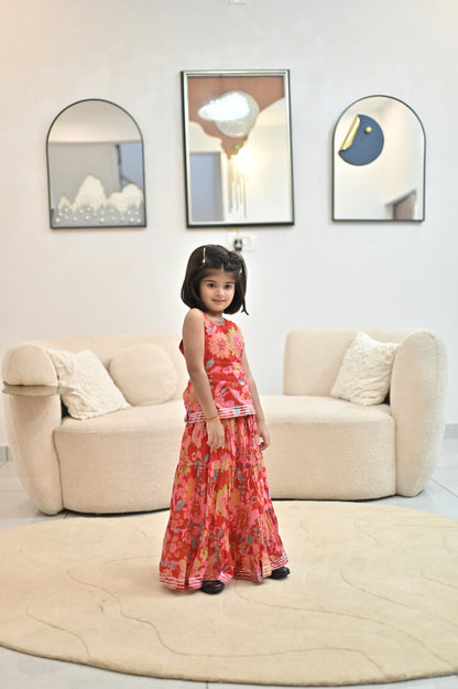 Beautiful Red Color Flower Printed Kurti and Long Skirt (24, 5 Year Kid)