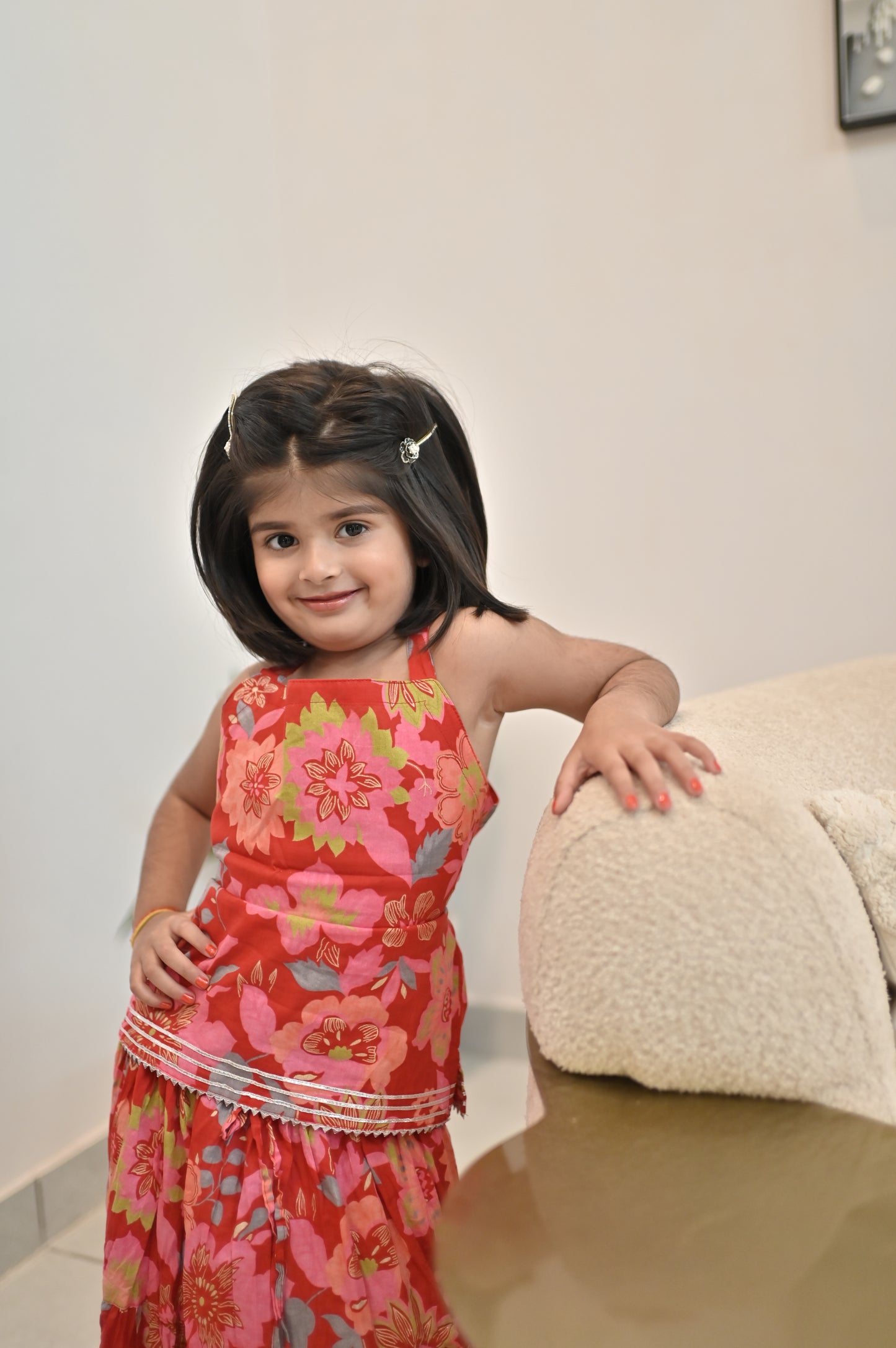 Beautiful Red Color Flower Printed Kurti and Long Skirt (24, 5 Year Kid)