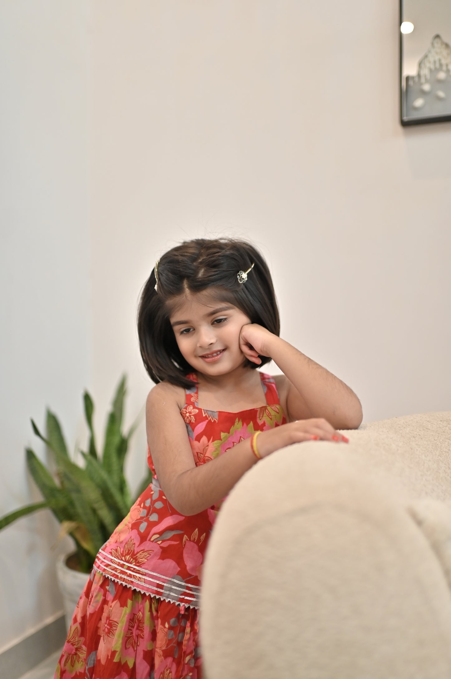 Beautiful Red Color Flower Printed Kurti and Long Skirt (24, 5 Year Kid)