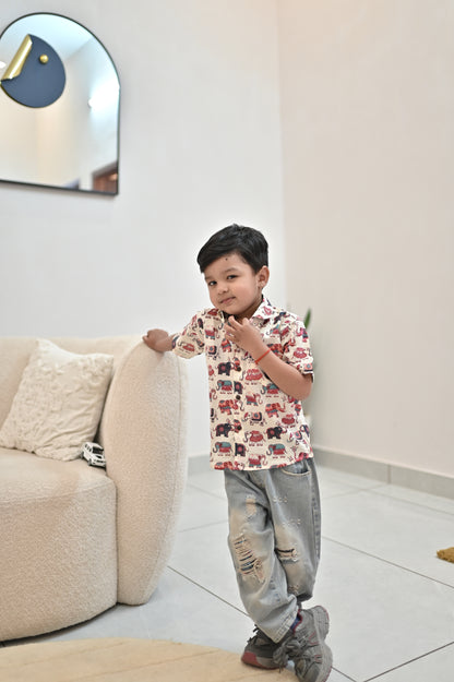 Pure Cotton Hand Wood-Block Elephant Print Shirt with Earth Nature Vegetable Dye (100% Cotton)