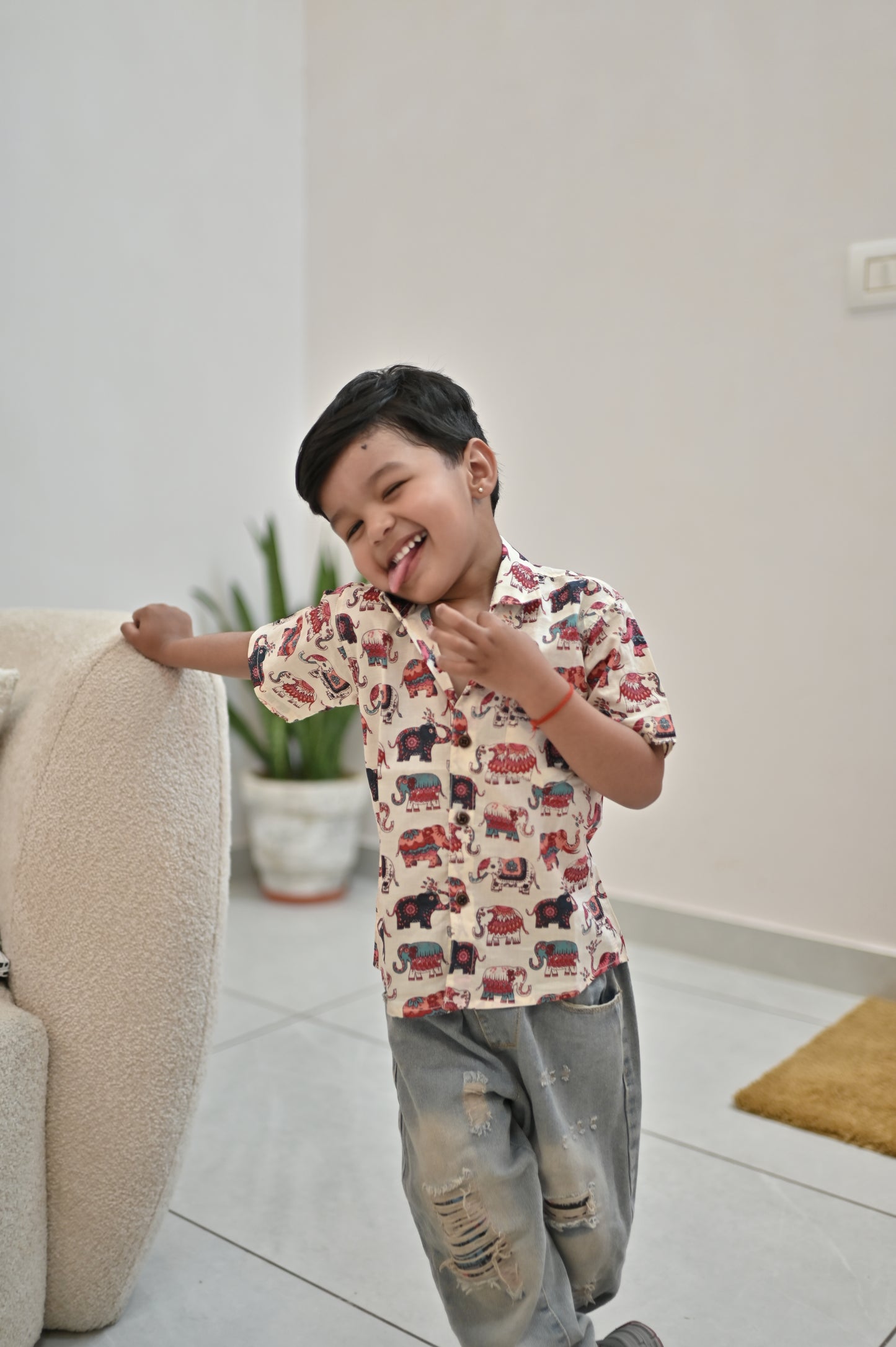 Pure Cotton Hand Wood-Block Elephant Print Shirt with Earth Nature Vegetable Dye (100% Cotton)