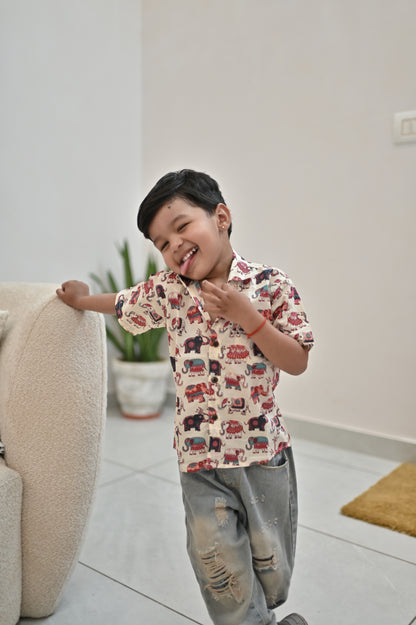 Pure Cotton Hand Wood-Block Elephant Print Shirt with Earth Nature Vegetable Dye (100% Cotton)