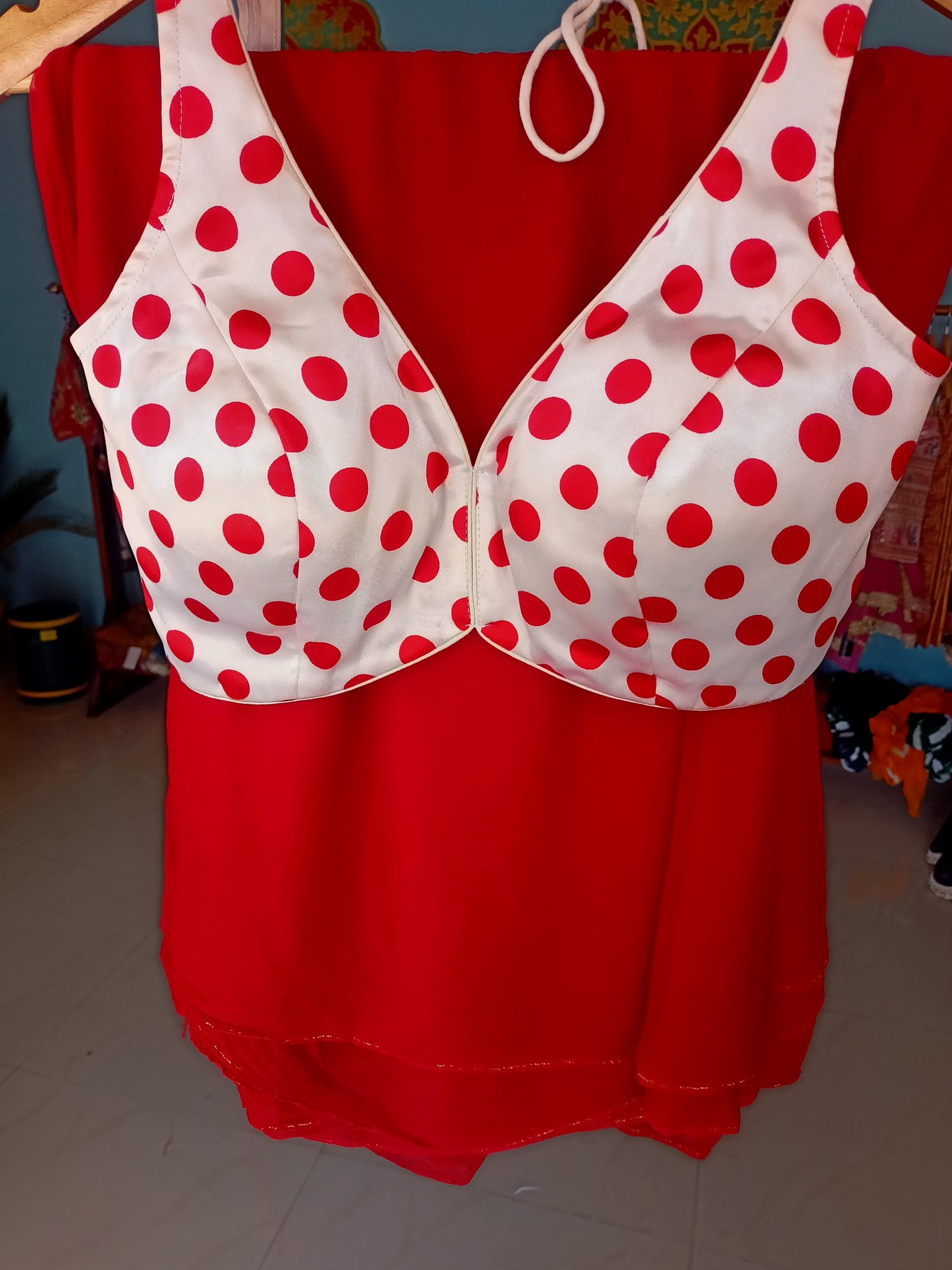 Vintage Polka Dots Blouse with Plain Red Chiffon Saree